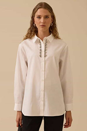 Kadın Taş İşlemeli Klasik Gömlek - Beyaz | 44