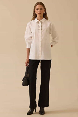 Kadın Taş İşlemeli Klasik Gömlek - Beyaz | 44