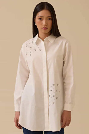 Kadın Regular Fit Asimetrik Taş Detaylı Gömlek - Beyaz | 38