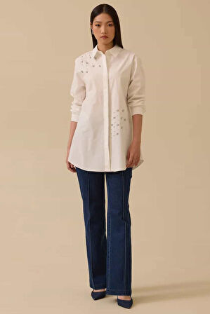 Kadın Regular Fit Asimetrik Taş Detaylı Gömlek - Beyaz | 38