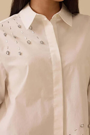 Kadın Regular Fit Asimetrik Taş Detaylı Gömlek - Beyaz | 38