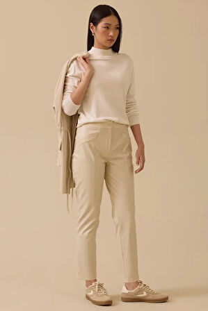 Kadın Düğmeli Bilek Boy Suni Deri Pantolon - Bej | 40