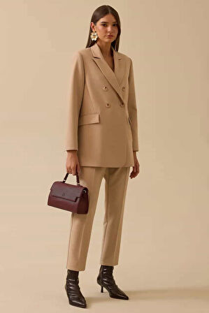 Kadın Düğmeli Kruvaze Klasik Ceket - Bej | 40