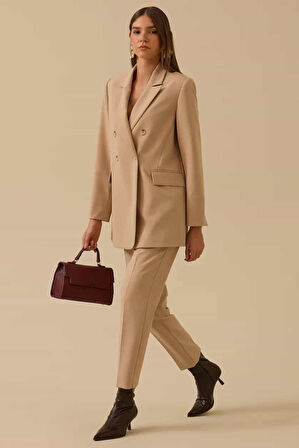 Kadın Düğmeli Kruvaze Klasik Ceket - Bej | 42