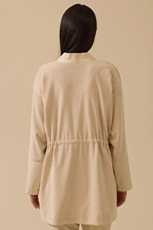 Kadın Rahat Kesim Çift Kumaşlı Bağcıklı Örme Ceket - Bej | L