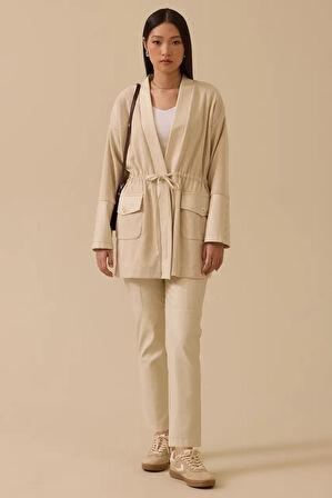 Kadın Rahat Kesim Çift Kumaşlı Bağcıklı Örme Ceket - Bej | S