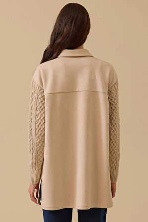 Kadın Triko Kollu Çift Cepli Gömlek - Bej | M