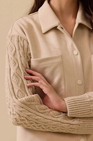 Kadın Triko Kollu Çift Cepli Gömlek - Bej | M