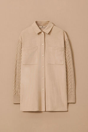 Kadın Triko Kollu Çift Cepli Gömlek - Bej | M