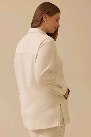 Kadın Büyük Beden Fitilli Cepli Gömlek- Bej | 46