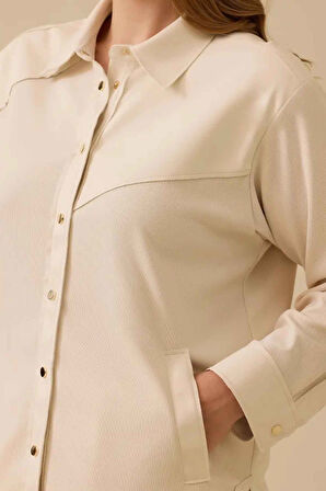 Kadın Büyük Beden Fitilli Cepli Gömlek- Bej | 46