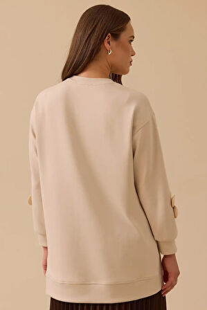 Kadın Çiçek Detaylı Cepli Sweatshirt - Bej | S
