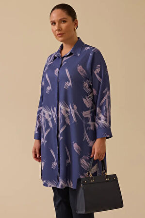 Kadın Büyük Beden Desenli Uzun Kollu Gömlek - Lila | 44