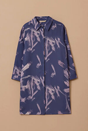 Kadın Büyük Beden Desenli Uzun Kollu Gömlek - Lila | 46