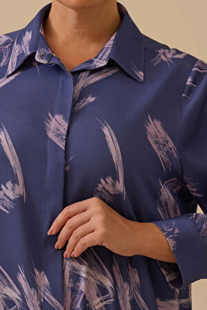 Kadın Büyük Beden Desenli Uzun Kollu Gömlek - Lila | 48