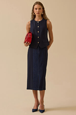 Seçil Kadın Düğme Detaylı Klasik Yelek 0003 Lacivert