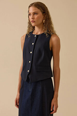 Seçil Kadın Düğme Detaylı Klasik Yelek 0003 Lacivert
