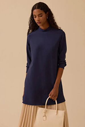 Kadın Dik Yaka Yan Yırtmaçlı Tunik - Lacivert | 44