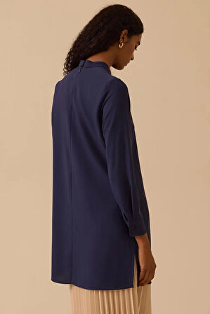 Kadın Dik Yaka Yan Yırtmaçlı Tunik - Lacivert | 44