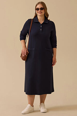 Galaxi Kadın Büyük Beden Cep Detaylı Elbise 4008 Lacivert