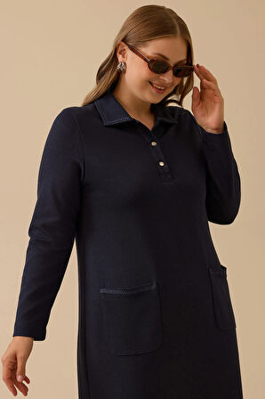 Galaxi Kadın Büyük Beden Cep Detaylı Elbise 4008 Lacivert