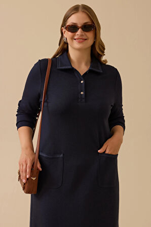 Galaxi Kadın Büyük Beden Cep Detaylı Elbise 4008 Lacivert