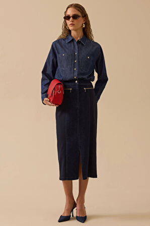 Seçil Kadın Çift Kumaşlı Yırtmaç Detaylı Jean Etek 0001 Lacivert