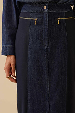 Seçil Kadın Çift Kumaşlı Yırtmaç Detaylı Jean Etek 0001 Lacivert