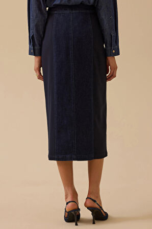 Seçil Kadın Çift Kumaşlı Yırtmaç Detaylı Jean Etek 0001 Lacivert