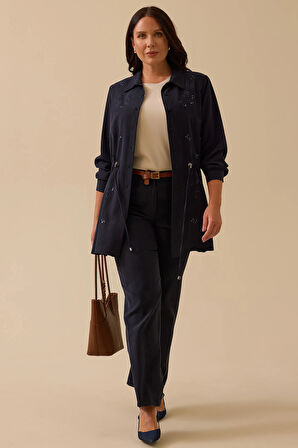 Galaxi Kadın Büyük Beden Pul İşlemeli Bağcıklı Kap 4002 Lacivert