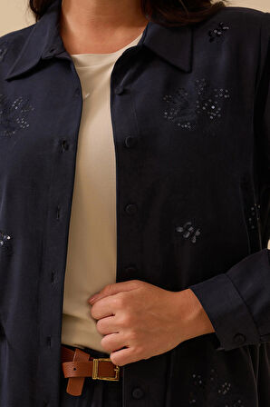 Galaxi Kadın Büyük Beden Pul İşlemeli Bağcıklı Kap 4002 Lacivert