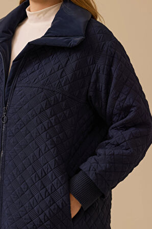 Galaxi Kadın Büyük Beden Kapitone Fermuarlı Pardesü 4002 Lacivert