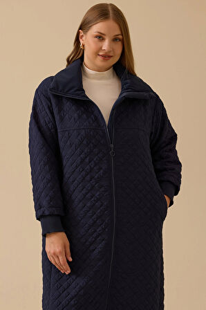 Galaxi Kadın Büyük Beden Kapitone Fermuarlı Pardesü 4002 Lacivert