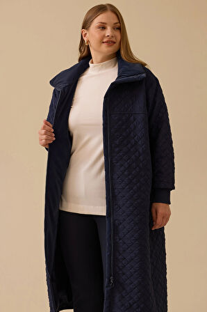 Galaxi Kadın Büyük Beden Kapitone Fermuarlı Pardesü 4002 Lacivert