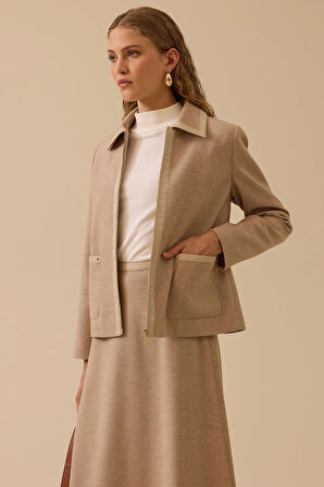 Seçil Kadın Biye Detaylı Cepli Fermuarlı Ceket 0018 Vizon