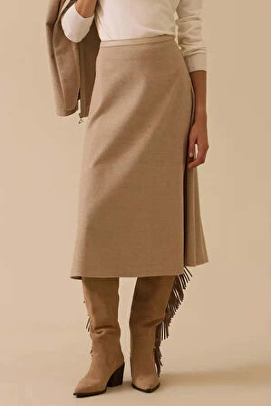 Kadın Suni Deri Biyeli Midi Etek - Bej | 38