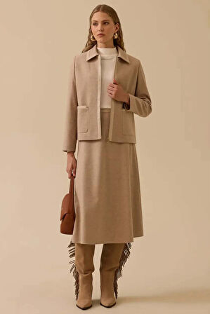 Kadın Suni Deri Biyeli Midi Etek - Bej | 38