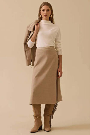 Kadın Suni Deri Biyeli Midi Etek - Bej | 38