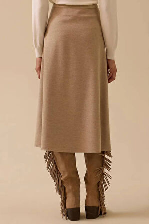 Kadın Suni Deri Biyeli Midi Etek - Bej | 42