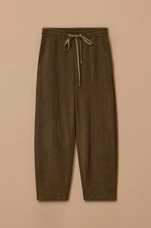 Kadın Bağcıklı Bilek Boy Süet Pantolon - Haki | XL