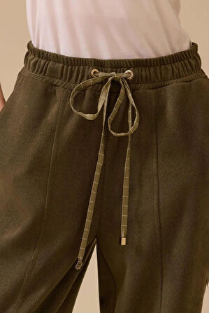 Kadın Bağcıklı Bilek Boy Süet Pantolon - Haki | XL