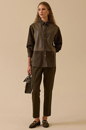Seçil Kadın Çift Kumaşlı Suni Deri Detaylı Süet Gömlek 0011 Haki
