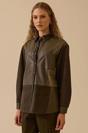 Seçil Kadın Çift Kumaşlı Suni Deri Detaylı Süet Gömlek 0011 Haki