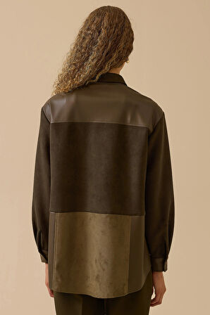Seçil Kadın Çift Kumaşlı Suni Deri Detaylı Süet Gömlek 0011 Haki