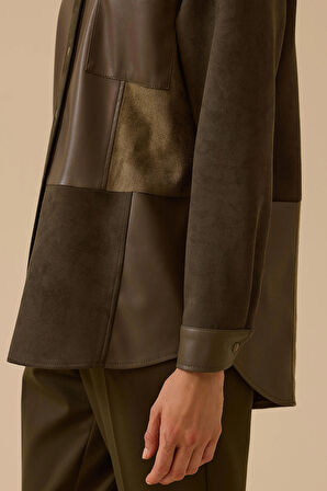 Seçil Kadın Çift Kumaşlı Suni Deri Detaylı Süet Gömlek 0011 Haki