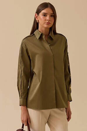 Kadın Gold Düğme Detaylı Düz Kesim Gömlek - Haki | 44