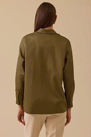 Kadın Gold Düğme Detaylı Düz Kesim Gömlek - Haki | 44