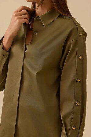 Kadın Gold Düğme Detaylı Düz Kesim Gömlek - Haki | 44