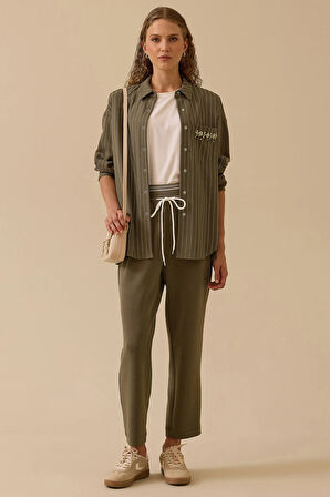 Seçil Kadın Çizgili Taş Detaylı Gömlek 0013 Haki