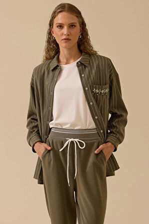 Seçil Kadın Çizgili Taş Detaylı Gömlek 0013 Haki